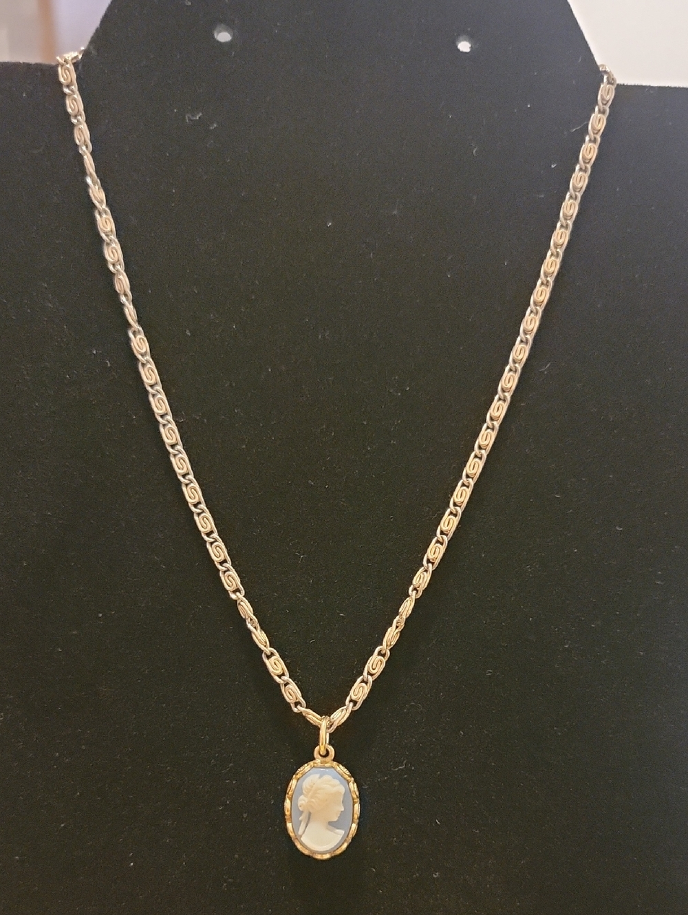 Gold-Tone Cameo Pendant Necklace in Cream and Blue